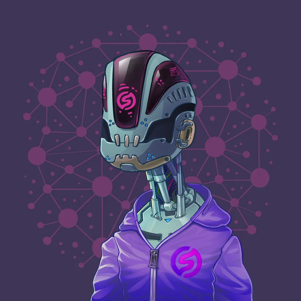 Degen, the Substreak robot in a purple hoodie